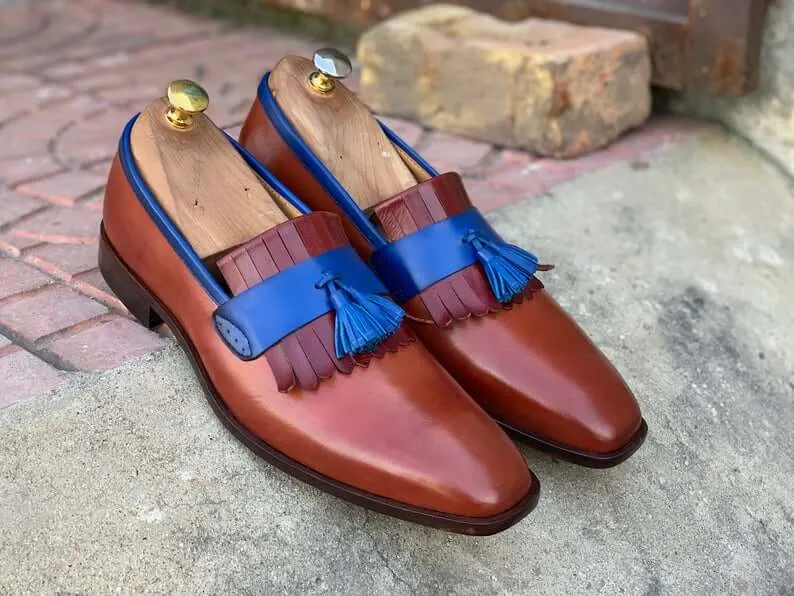 Awesome Handmade Men's Blue & Brown Leather Fringes Loafer Shoes, Men Dress Formal Party Shoes