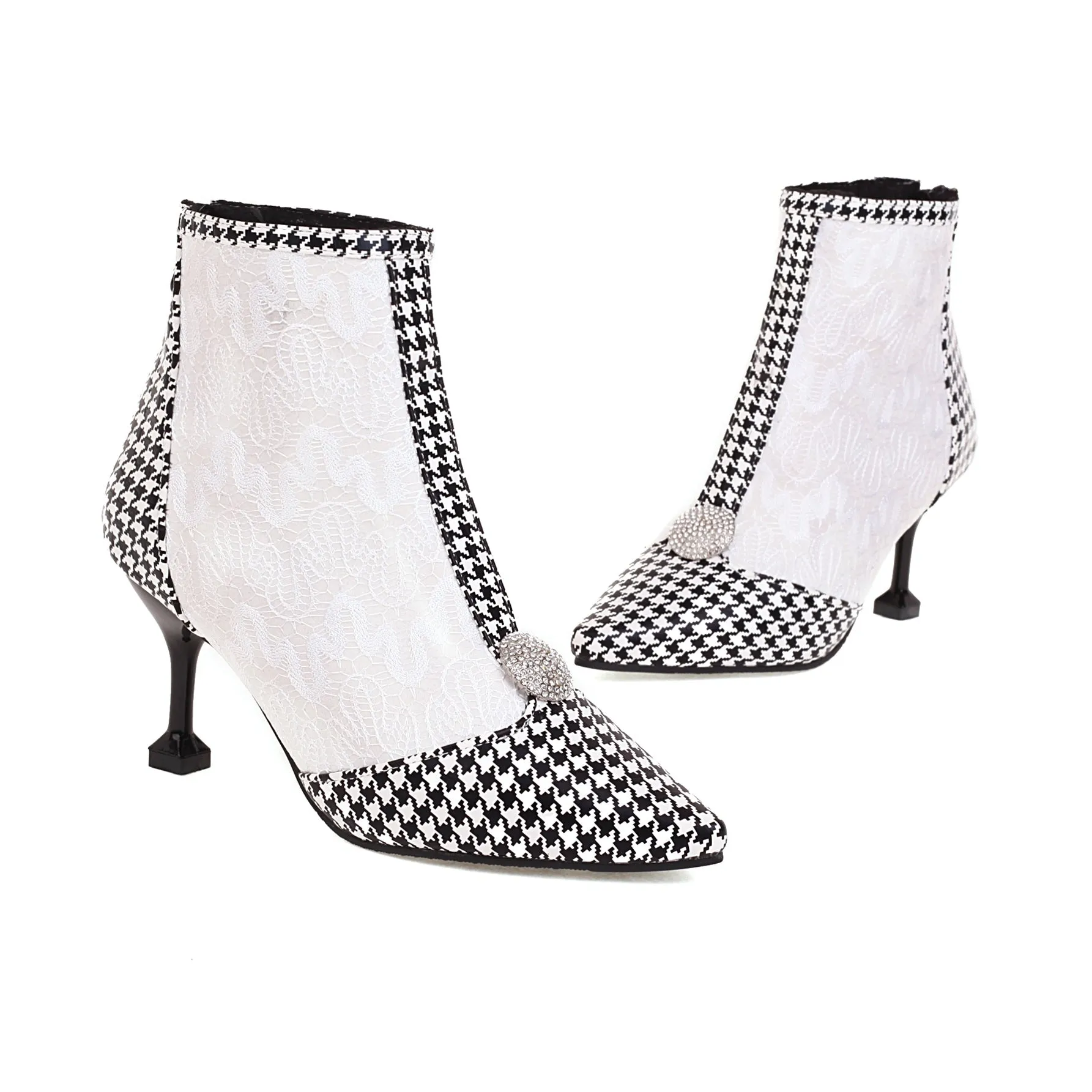 Bigsizeheels Pointed-toe Classy Ankle Boots - Houndstooth