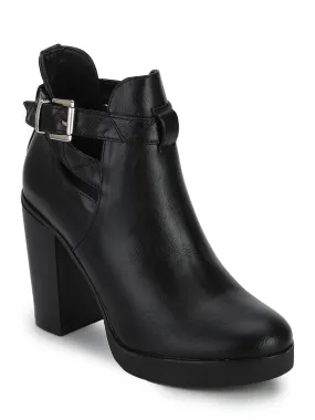 Black PU Buckle Block High Heel Ankle Boots