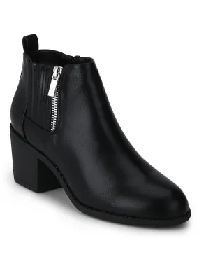 Black PU Zipper Low Block Heel Ankle Length Boots