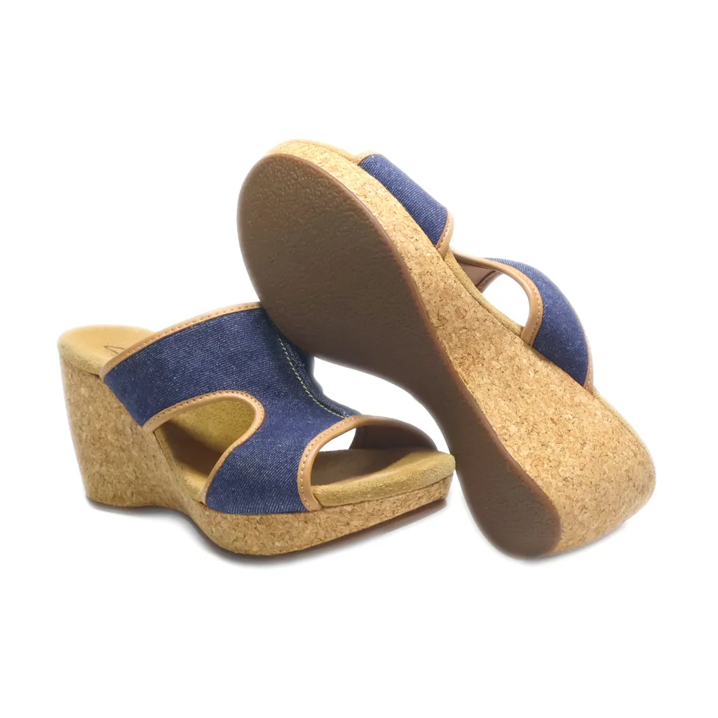 Clarks Denim Cork Wedge Sandals Canvas Blue Colour For Women