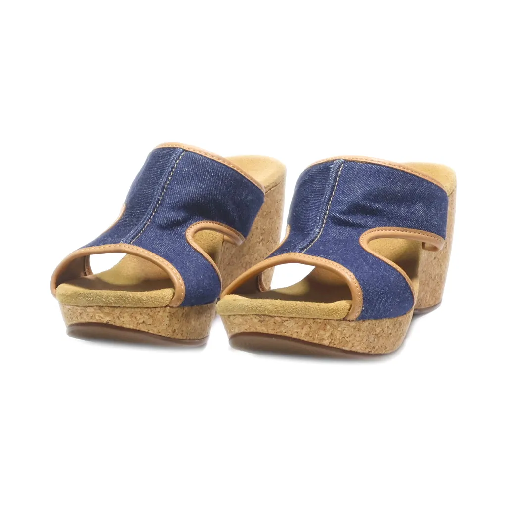 Clarks Denim Cork Wedge Sandals Canvas Blue Colour For Women