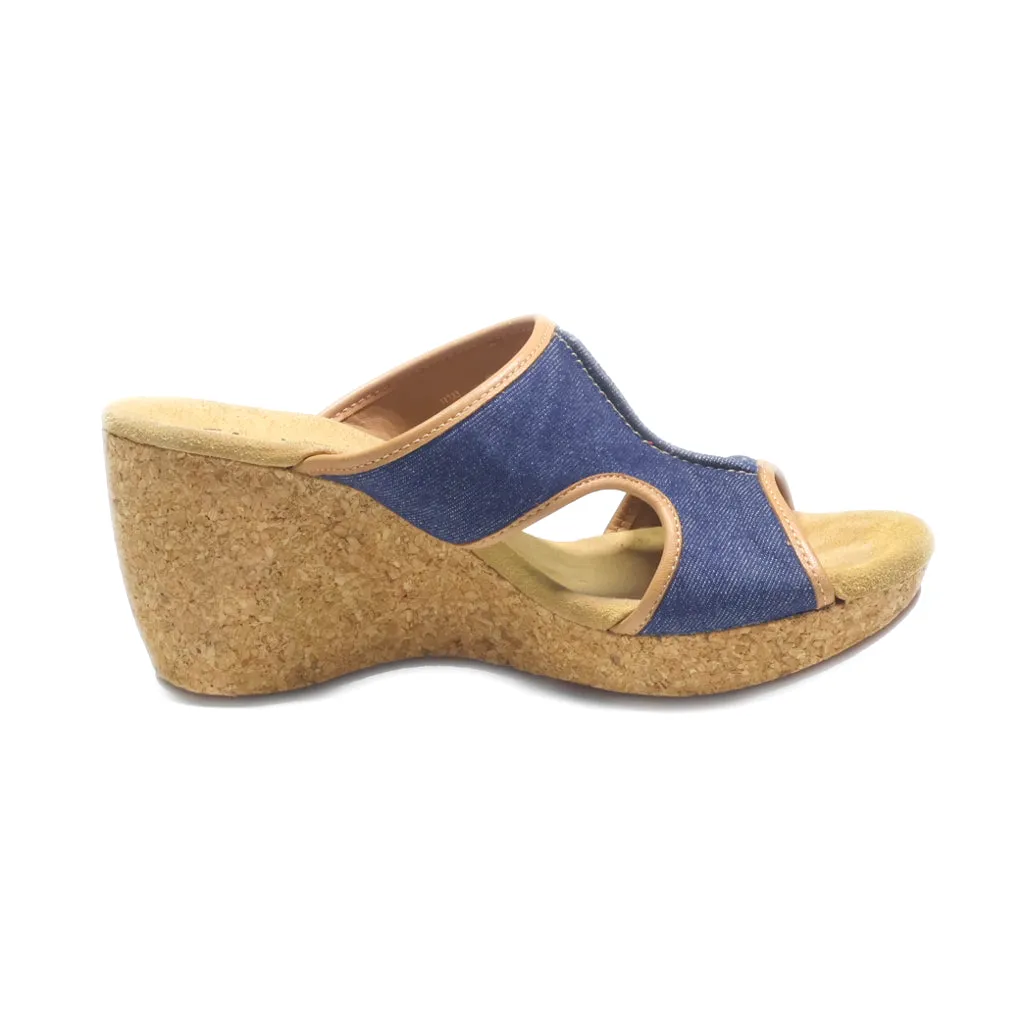 Clarks Denim Cork Wedge Sandals Canvas Blue Colour For Women