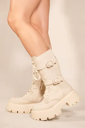 JOURNEE CHUNKY CHELSEA MID CALF BOOTS WITH SIDE ZIP AND LACE UP IN IVORY CREAM FAUX LEATHER