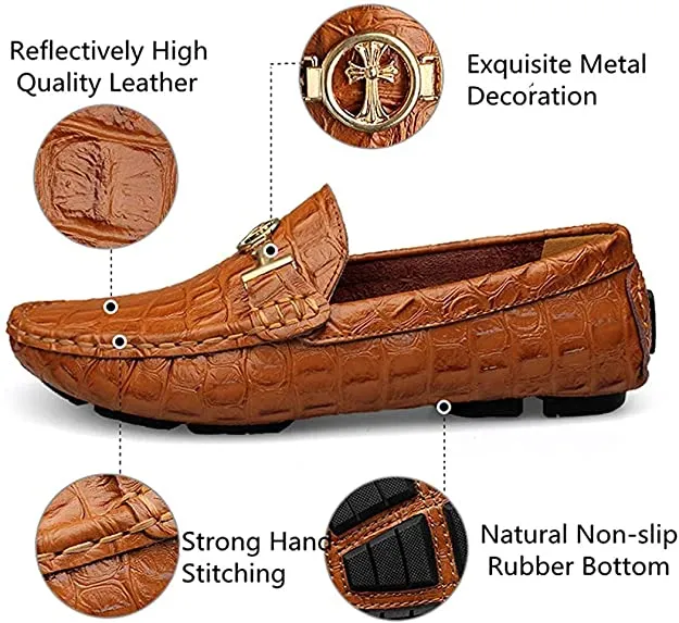 Men's Brown High Quality Leather Crocodile Style Moccasin Shoe