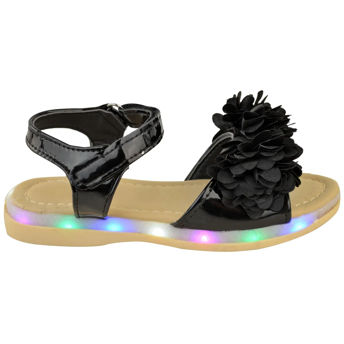 MIFFY KIDS FLATFORM LED LIGHT UP SANDALS WITH FASTENING STRAP IN BLACK PATENT FAUX LEATHER