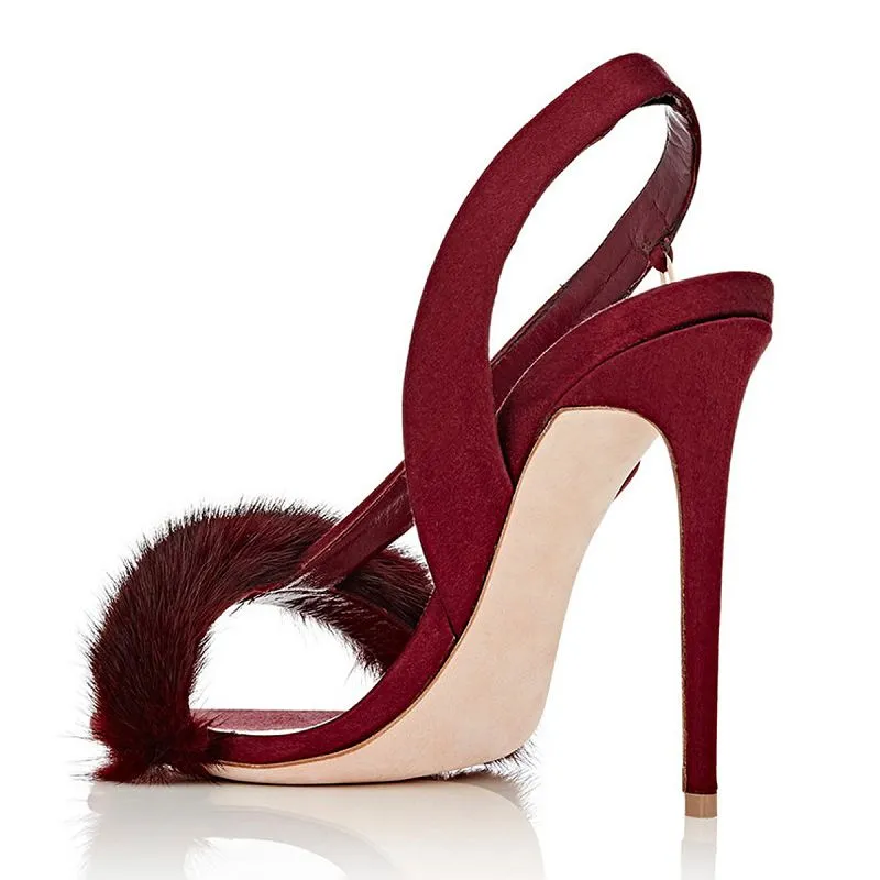 Tucomosi Women Sexy Prom Heels Pointed Toe Fur Stiletto Sandals