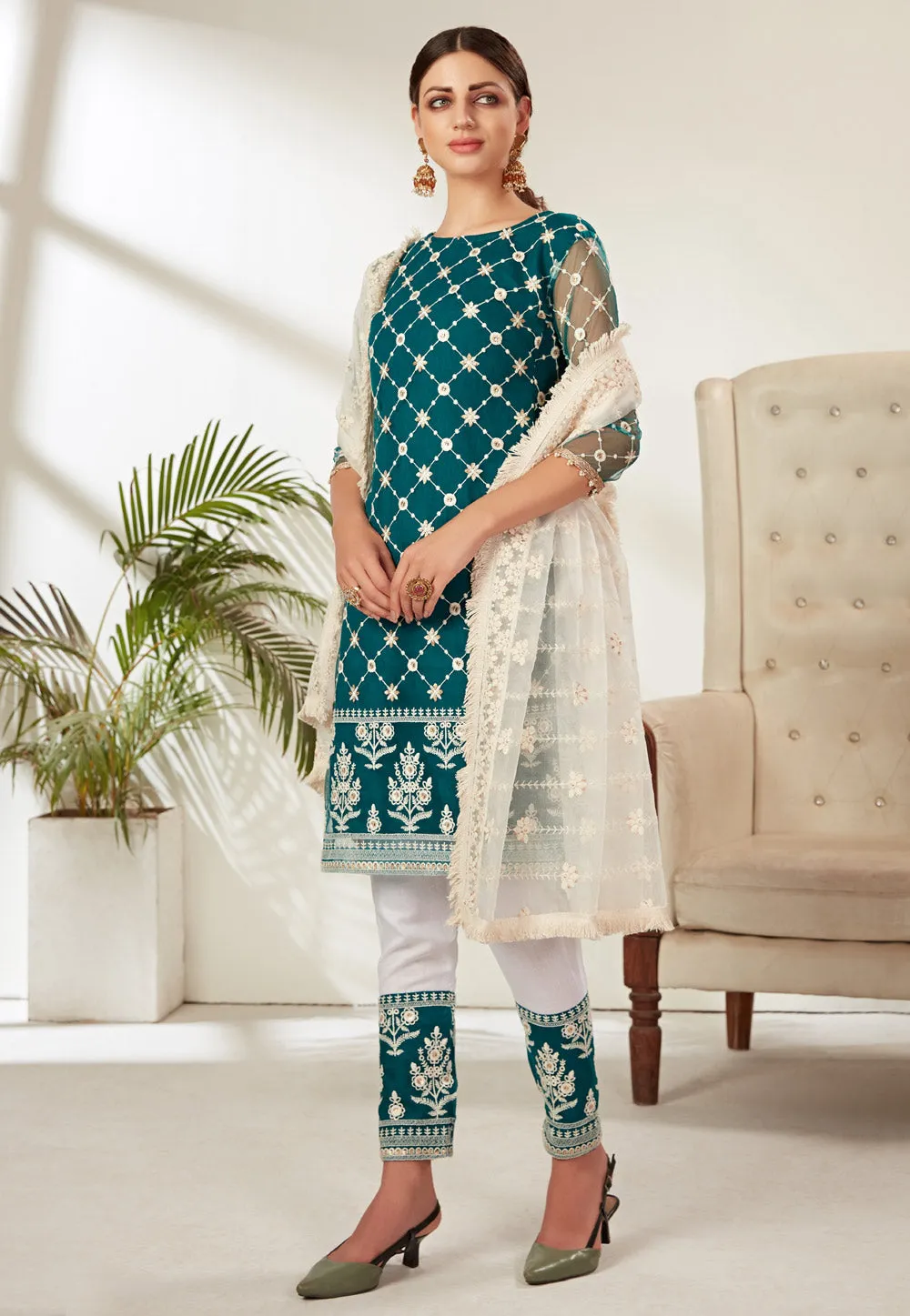 Turquoise And White Embroidered Pant Suit