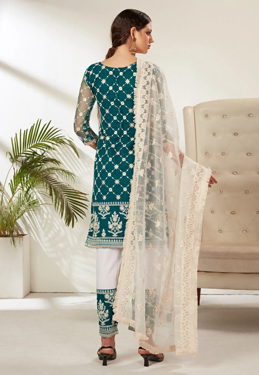 Turquoise And White Embroidered Pant Suit